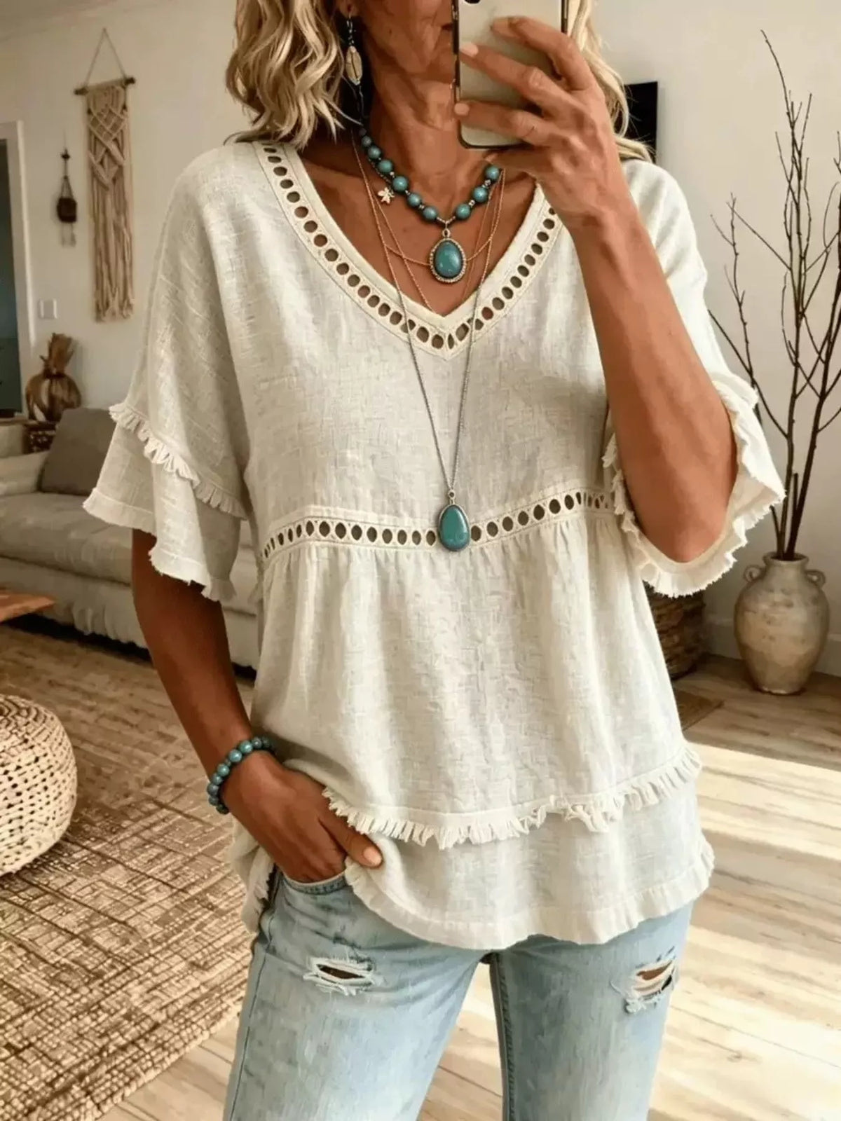 Eyelet V-Neck Frayed Edge T-Shirt