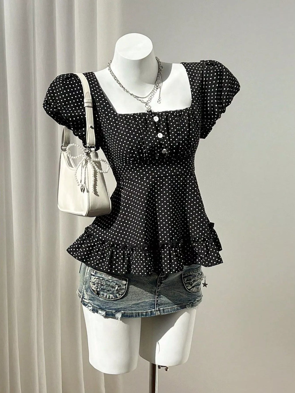 Polka Dot Square Neck Puff Sleeve Peplum Blouse