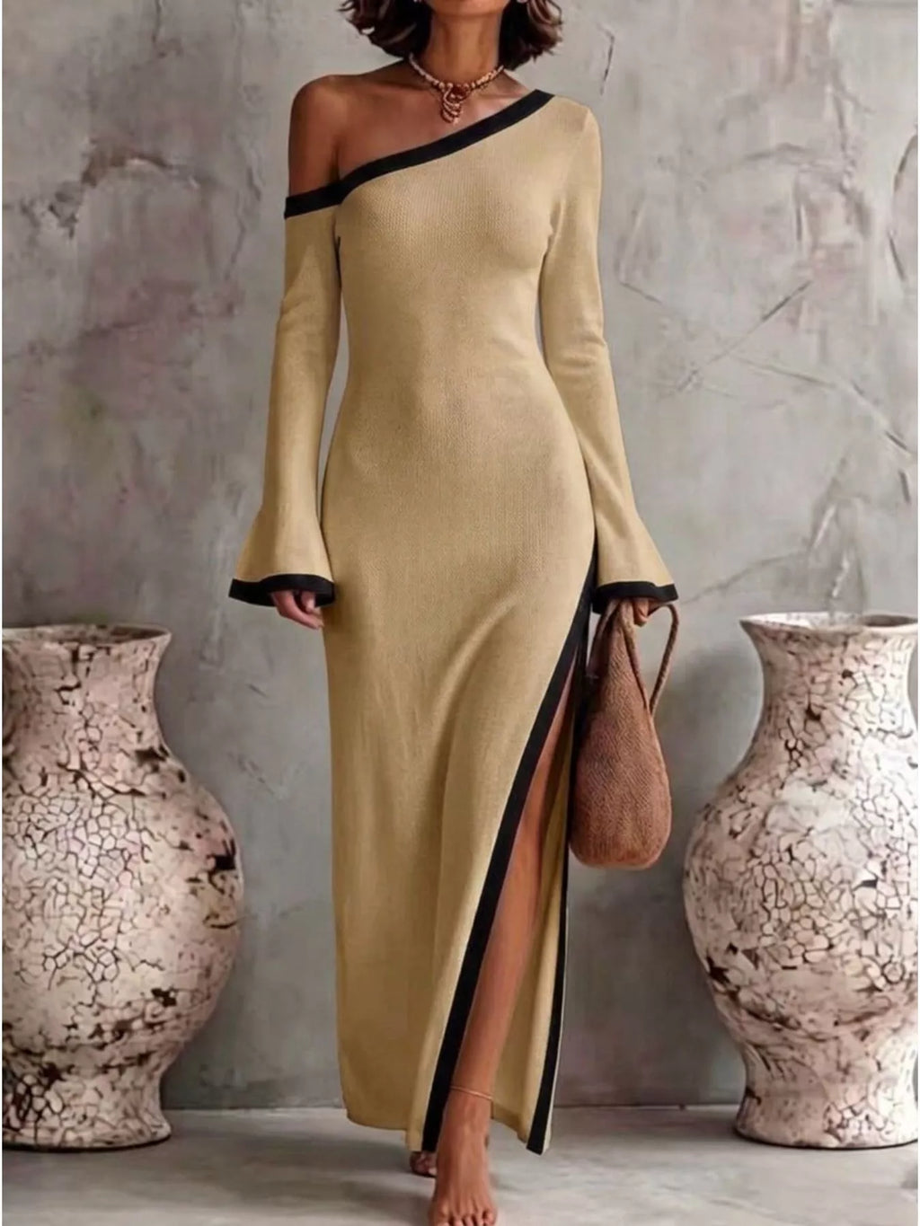 Slit One-Shoulder Contrast Trim Maxi Dress