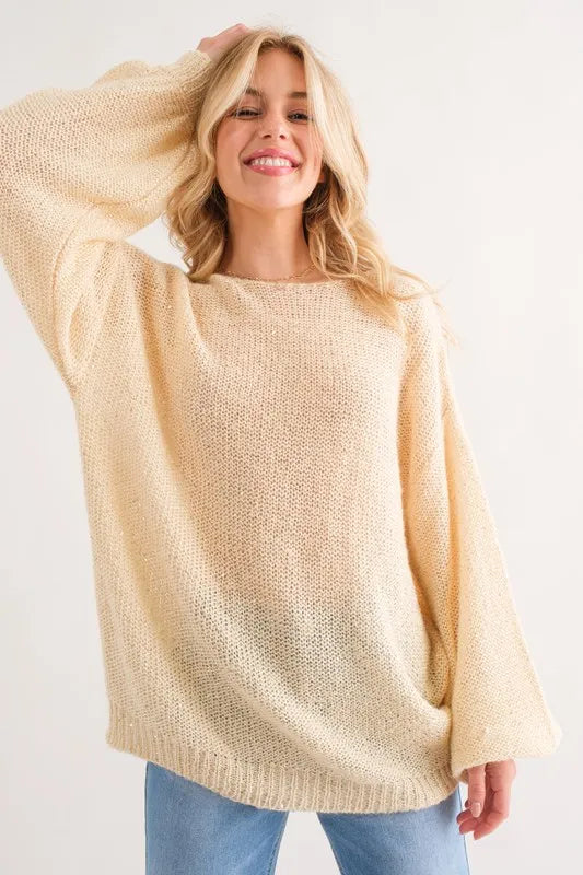 Lightweight Sequin Pullover Sweater with Balloon Sleeves