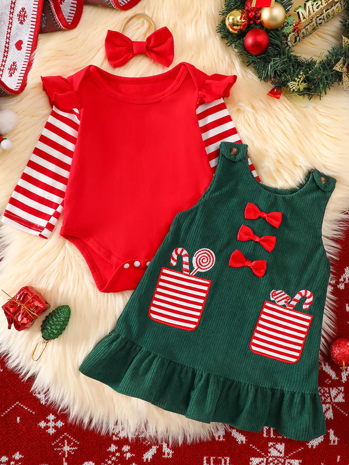 Children's Christmas Striped Bodysuit and Dress Set with Headband