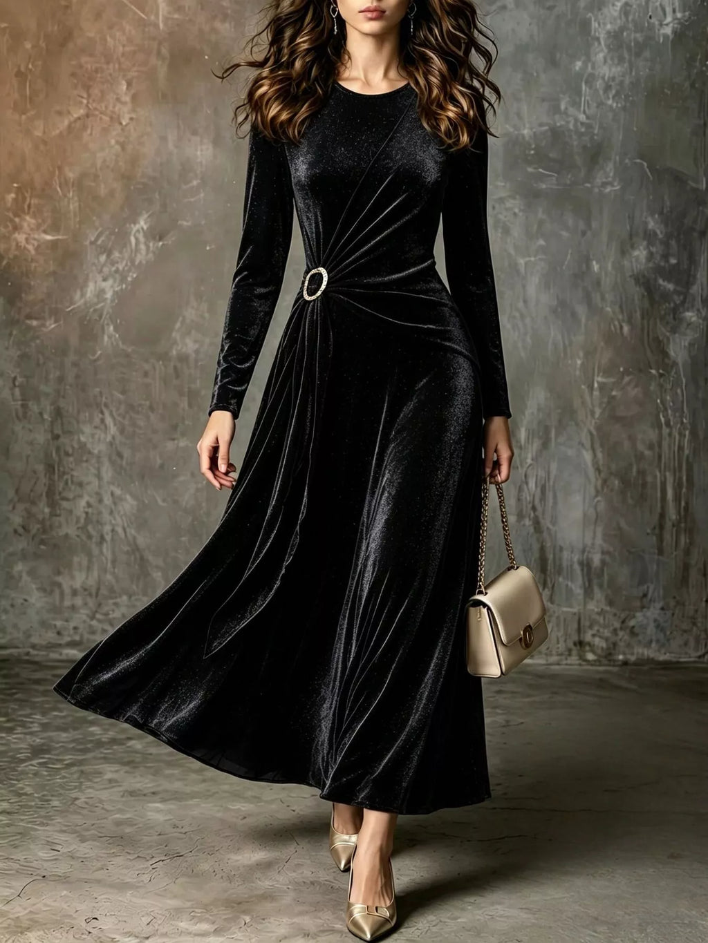 Full Size Velvet Long-Sleeve Maxi Dress with Ring Detail Plus Size