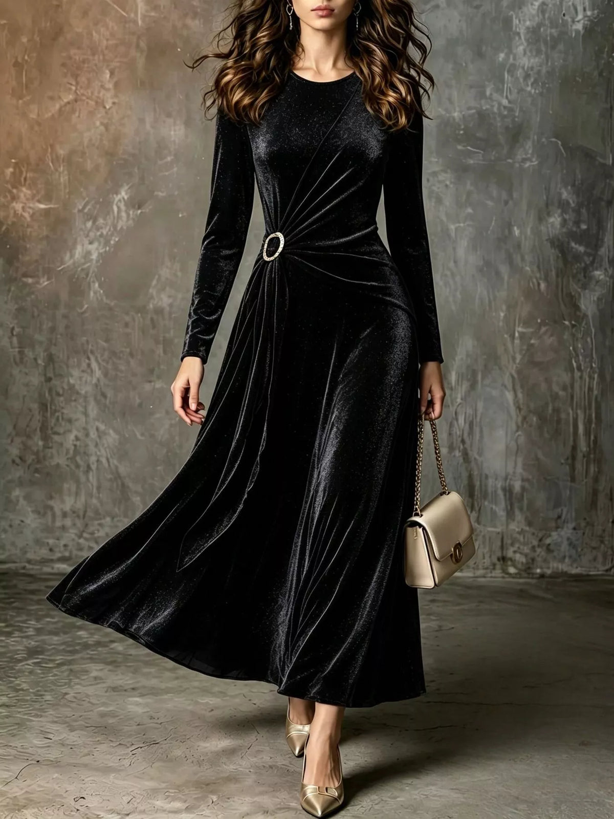 Full Size Velvet Long-Sleeve Maxi Dress with Ring Detail Plus Size
