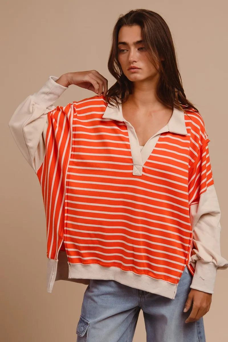 BiBi Stripe Knit Loose Fit Top With Cut Edge Detail