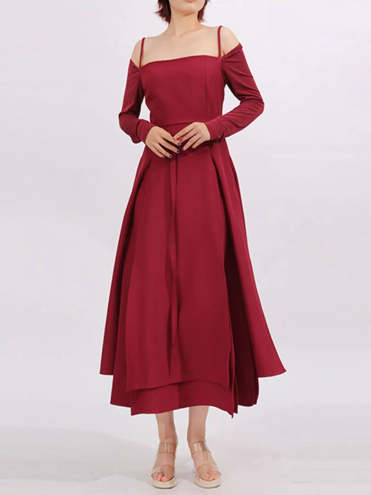 Slit Spaghetti Strap Long Sleeve Dress