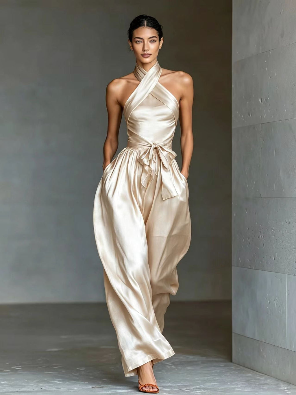 European And American Cross-border Women's Satin High-end Waist-cinching Slit Strap Solid Color Evening Dress Jumpsuit For Women