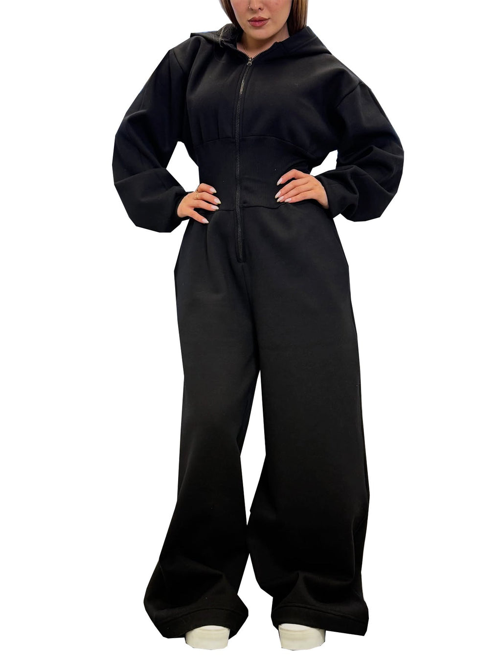 Hooded Zip-up Stretch-waist Jumpsuit