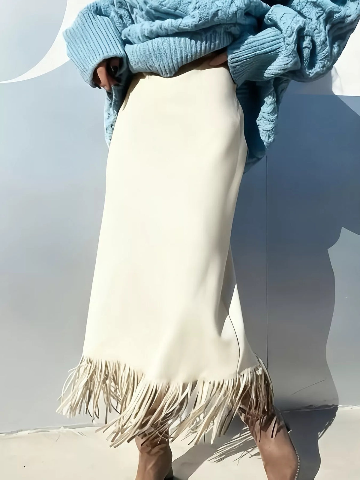 High-Waisted Suede Fringe Midi Skirt