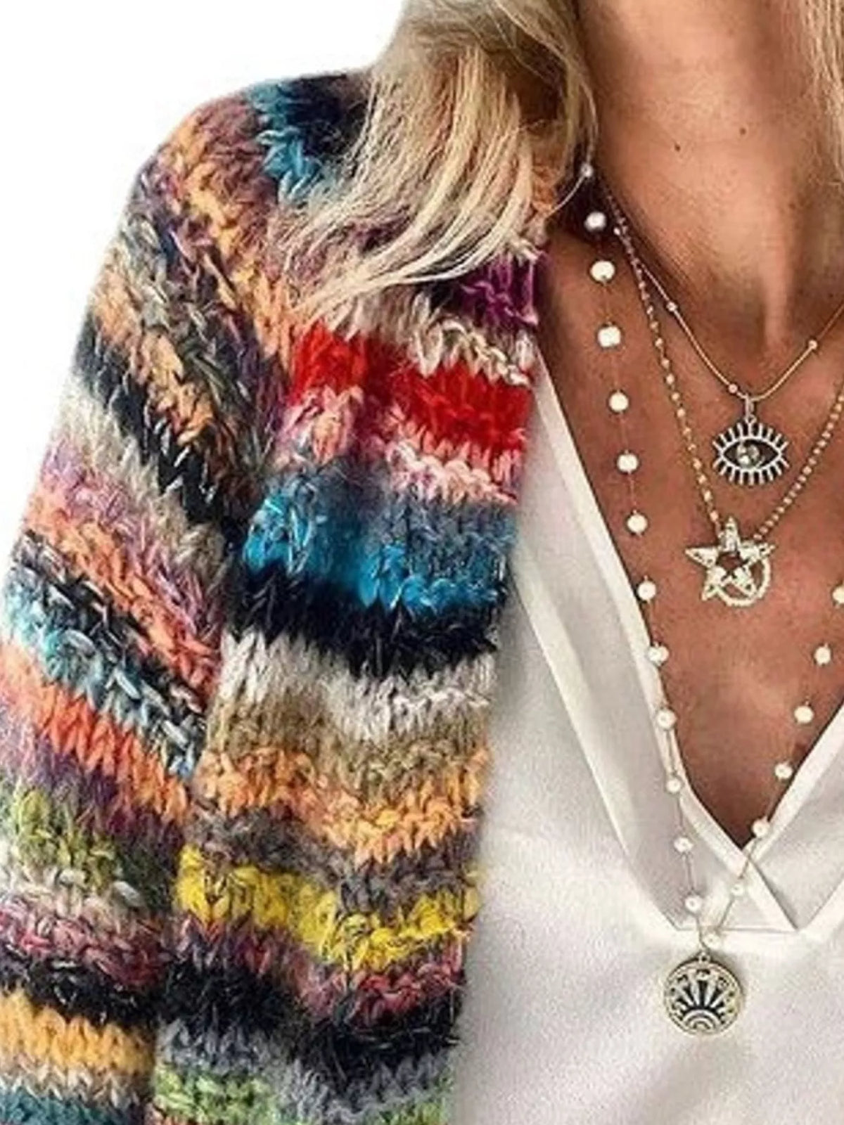 Full Size Multi-Color Striped Chunky Knit Open-Front Cardigan Plus Size