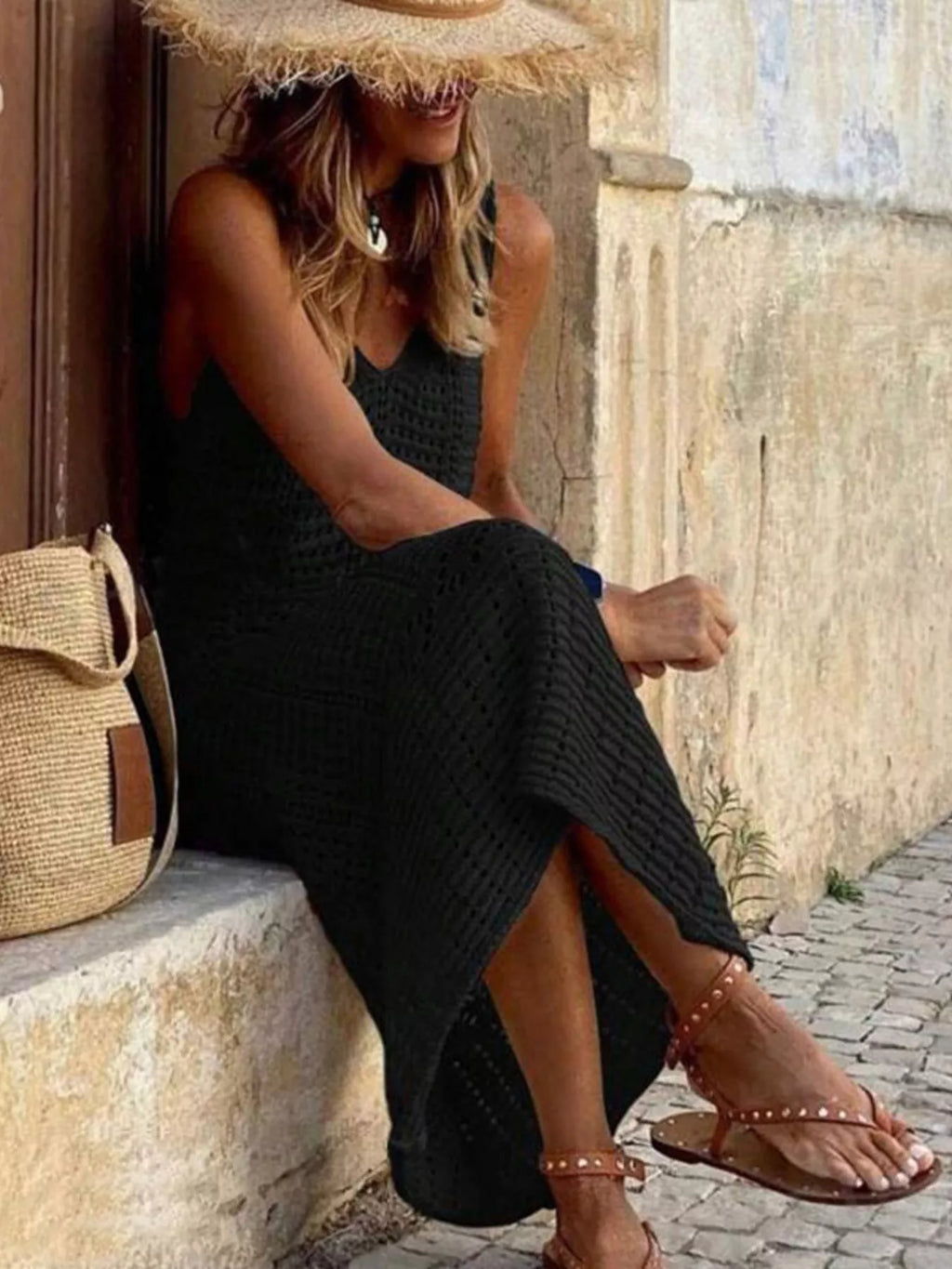 Sleeveless Crochet Knit Cover Up Maxi Dress