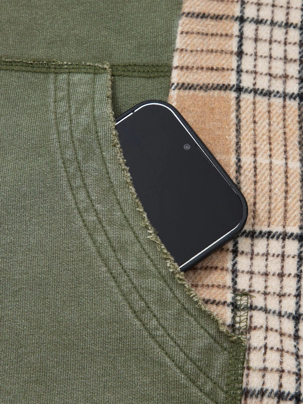 Plaid Sleeve Drawstring Pocket Hoodie