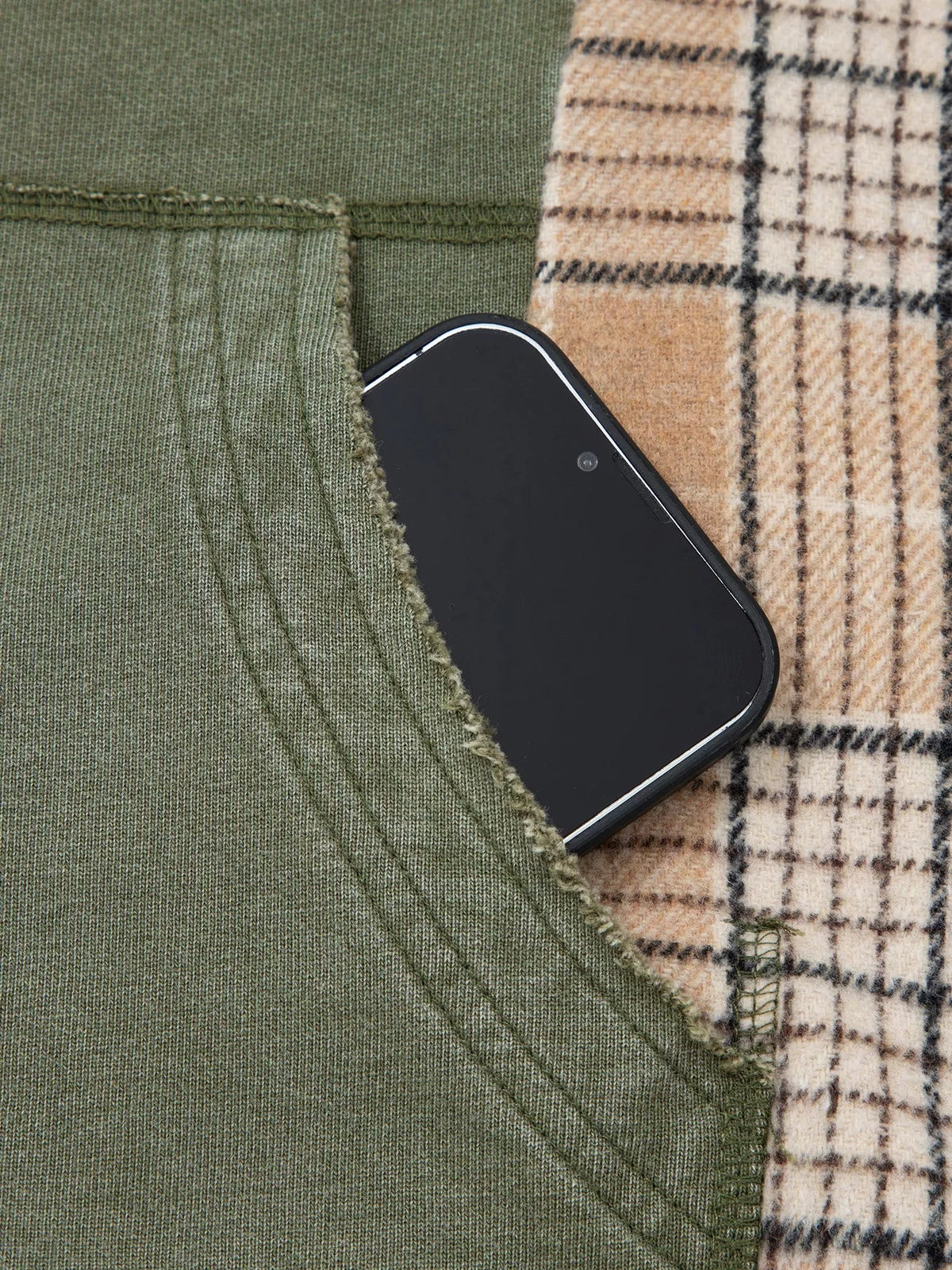Plaid Sleeve Drawstring Pocket Hoodie
