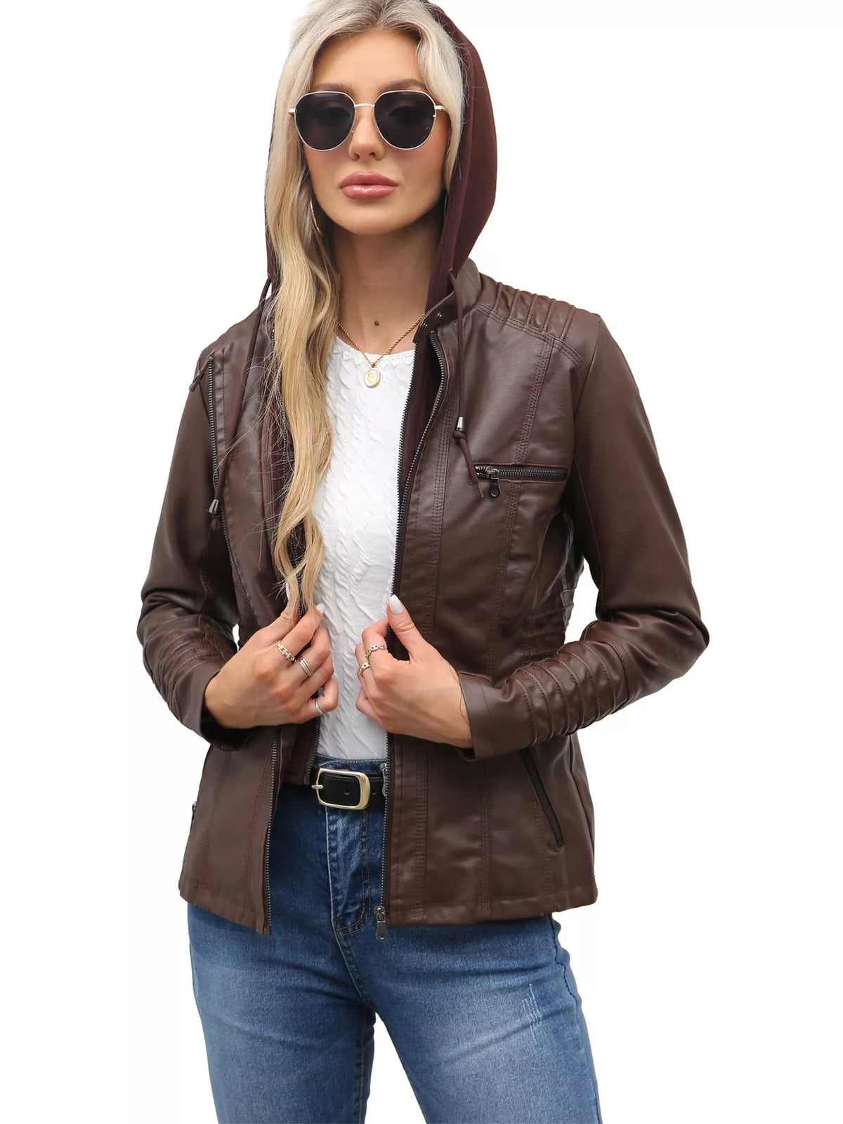 Full Size Detachable Hooded Faux Leather Moto Jacket Plus Size