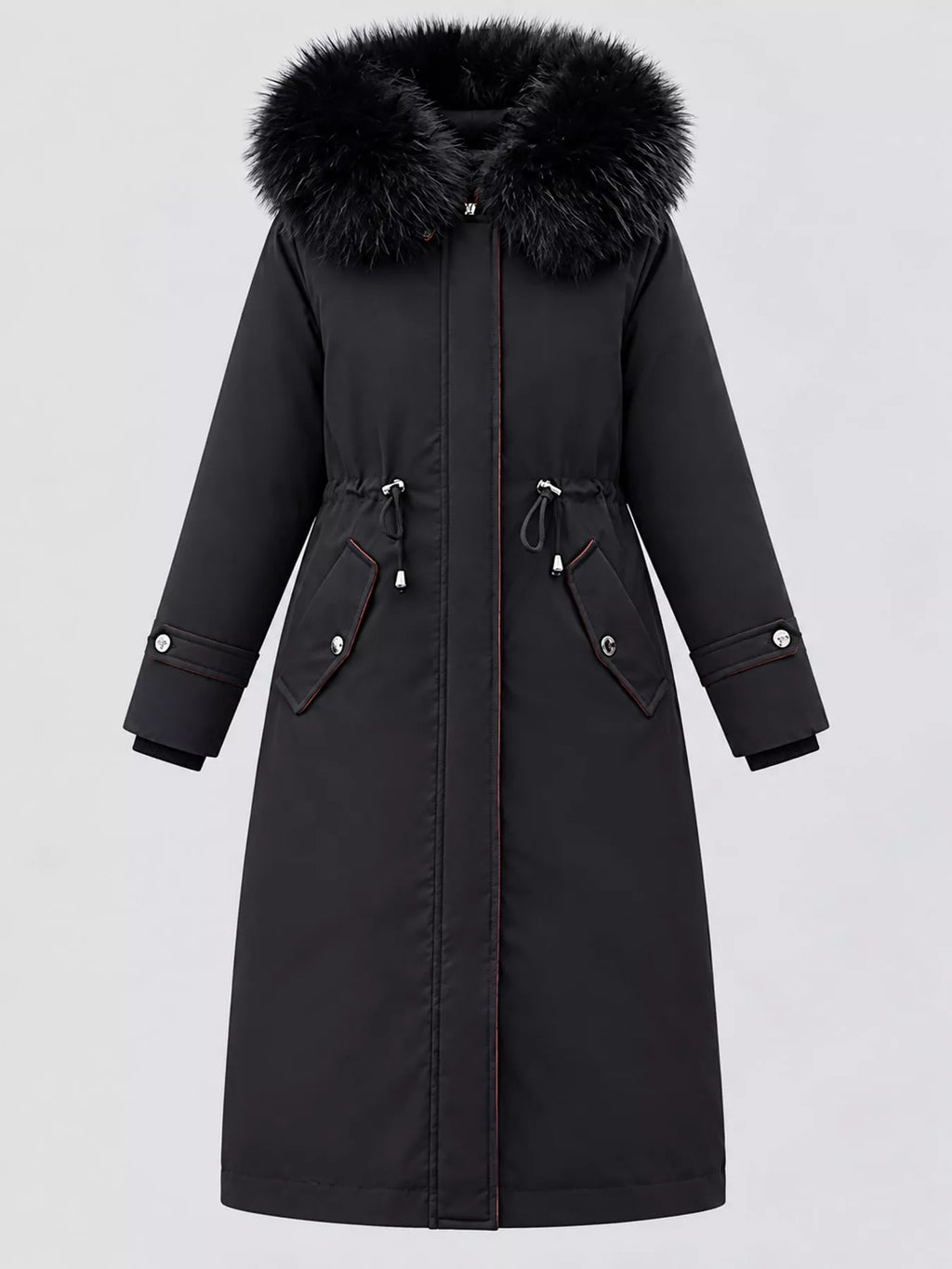 Detachable Longline Hooded Parka with Faux Fur Trim and Drawstring Waist