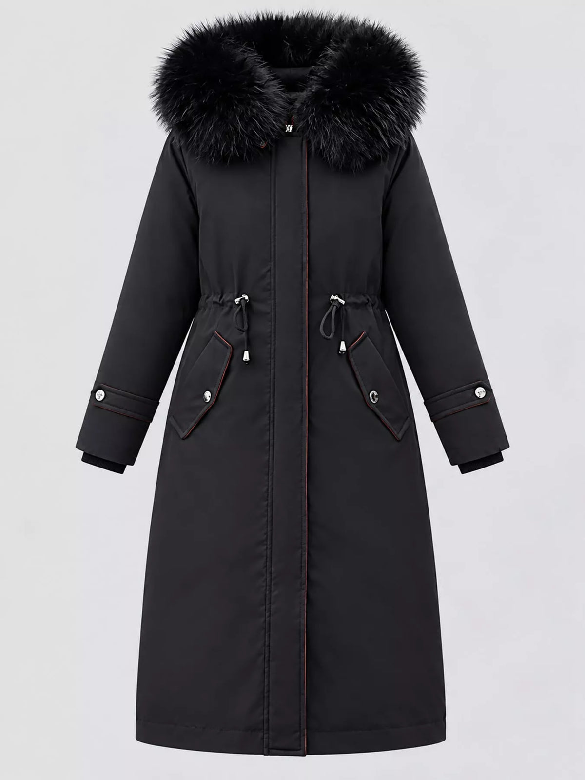 Detachable Longline Hooded Parka with Faux Fur Trim and Drawstring Waist