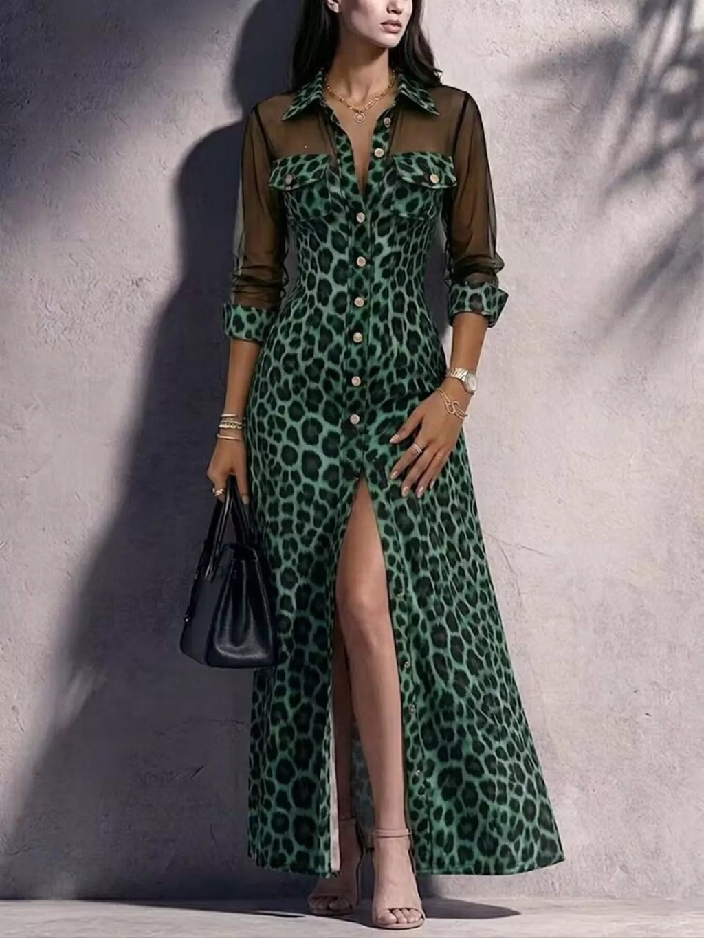 Full Size Leopard Print Sheer Mesh Panel Button-Down Maxi Dress Plus Size