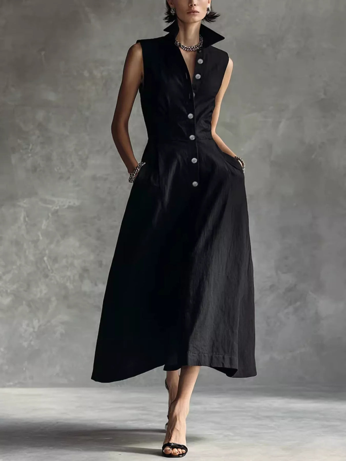 Sleeveless Button-Down Midi Shirt Dress