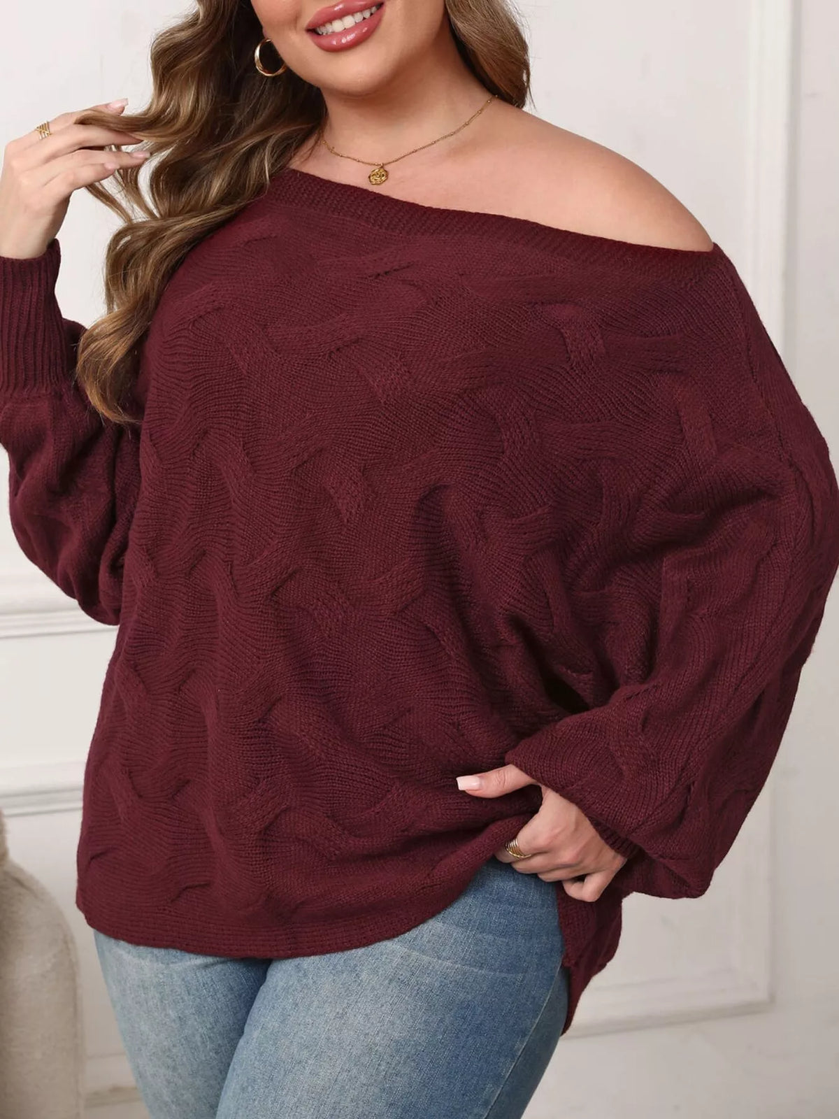 Plus Size Off-Shoulder Long Sleeve Sweater