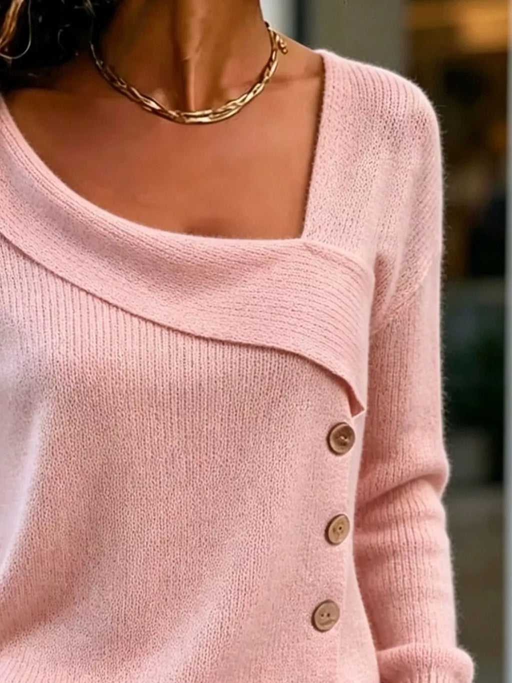 Asymmetric Neckline Button-Decorated Sweater