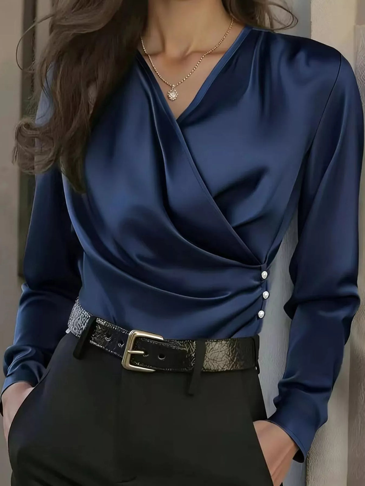 Satin Surplice Long Sleeve Blouse