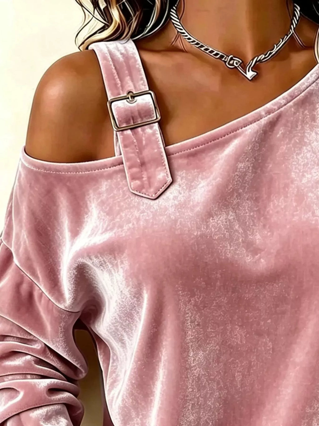 Full Size Velvet Buckle Detail Asymmetrical Neck Blouse Plus Size