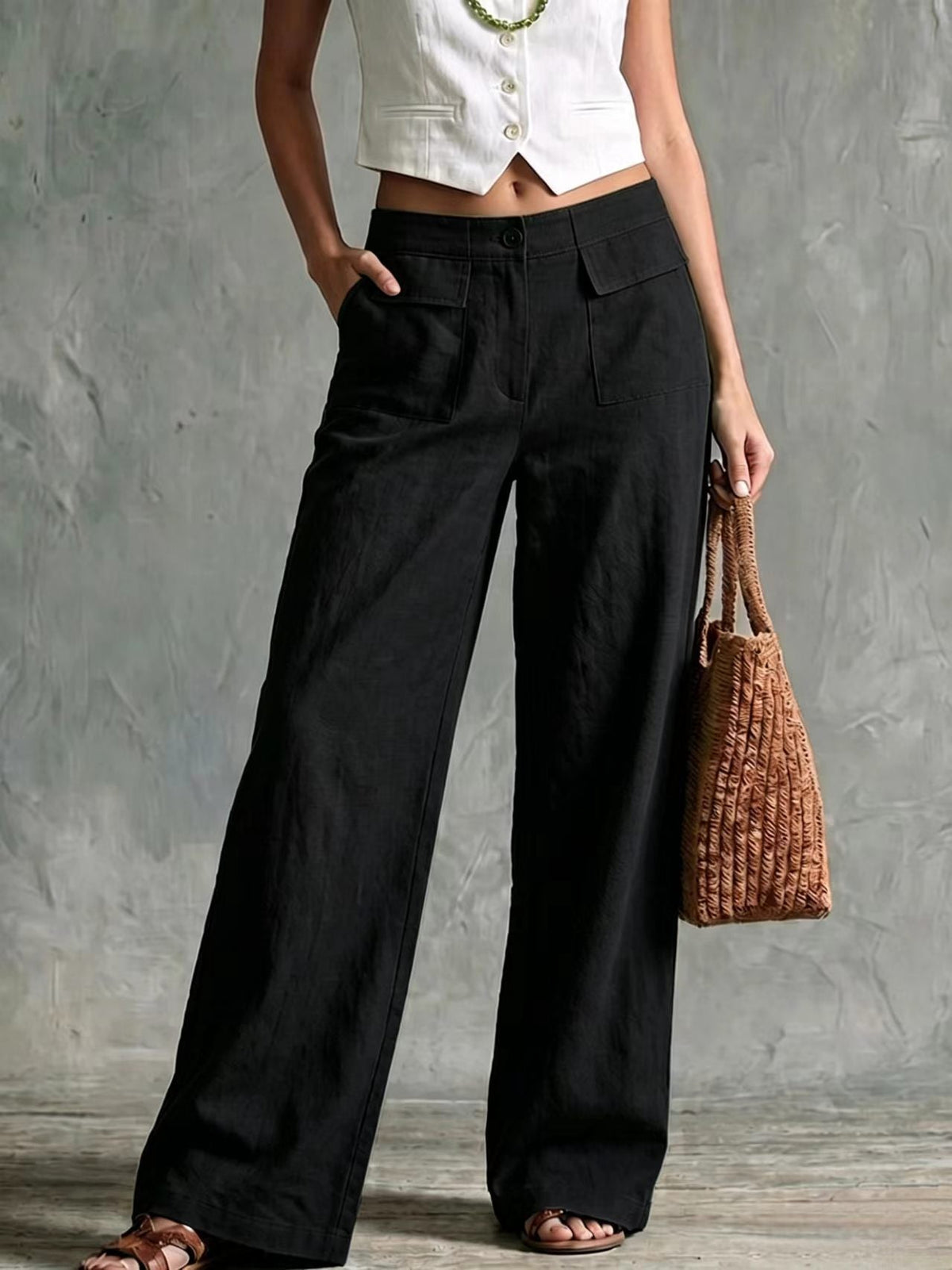 Women's Solid Color Loose Fit Casual Pants - Elastic Waist Trousers for Daily Wear