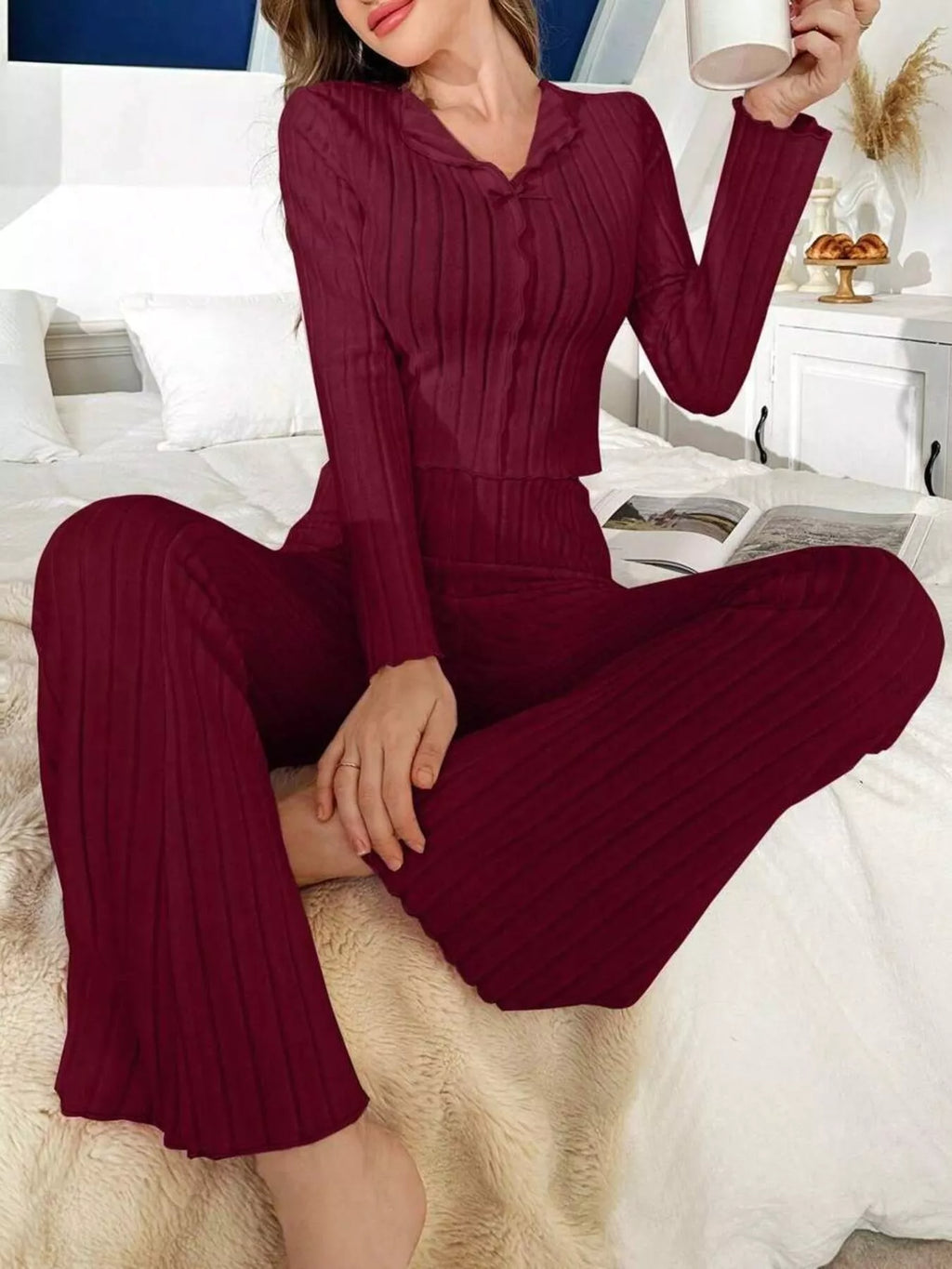 Bow Detail Ribbed Knit Top and Pants Lounge Set