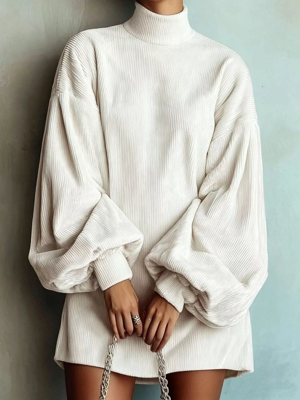 Full Size Corduroy Mock Neck Lantern Sleeve Mini Dress Plus Size