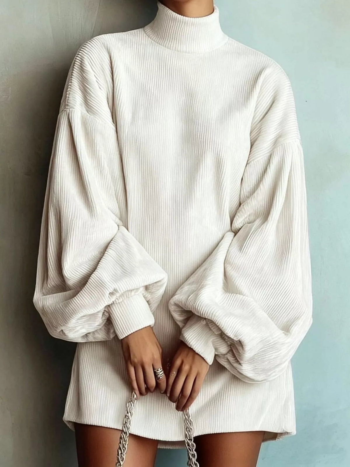 Full Size Corduroy Mock Neck Lantern Sleeve Mini Dress Plus Size