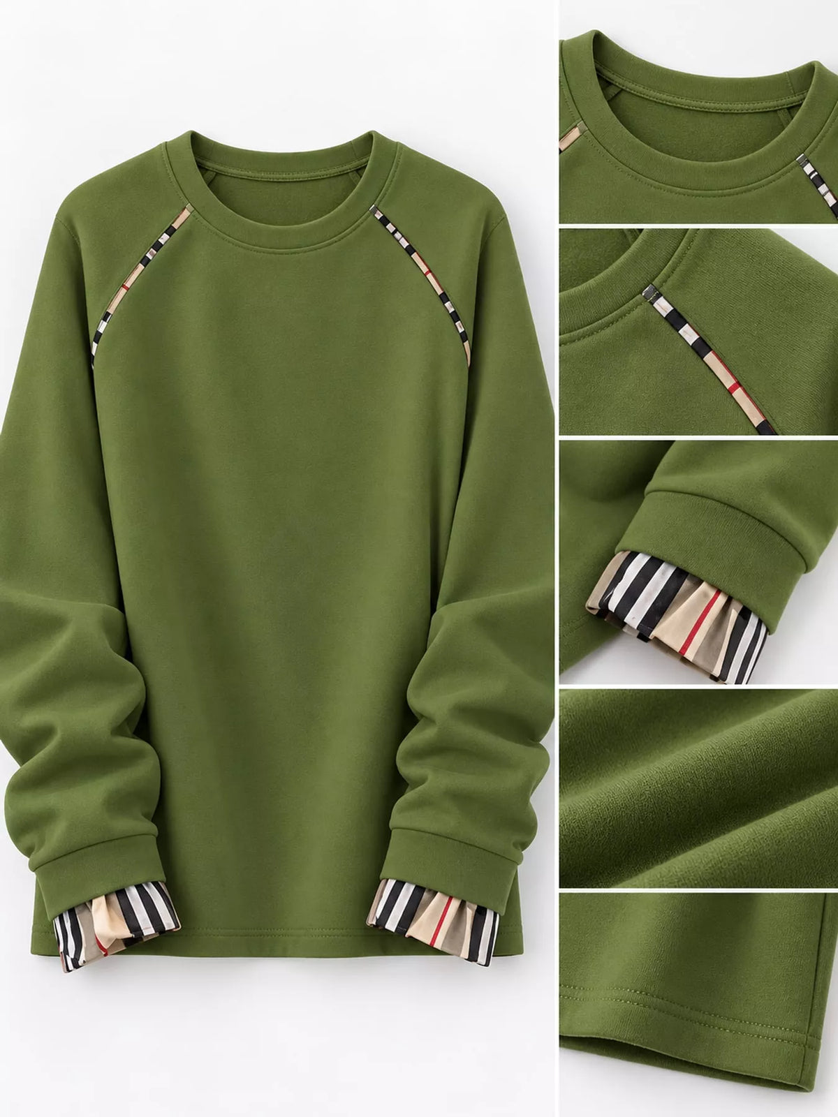Plaid-Trimmed Crew Neck Sweatshirt