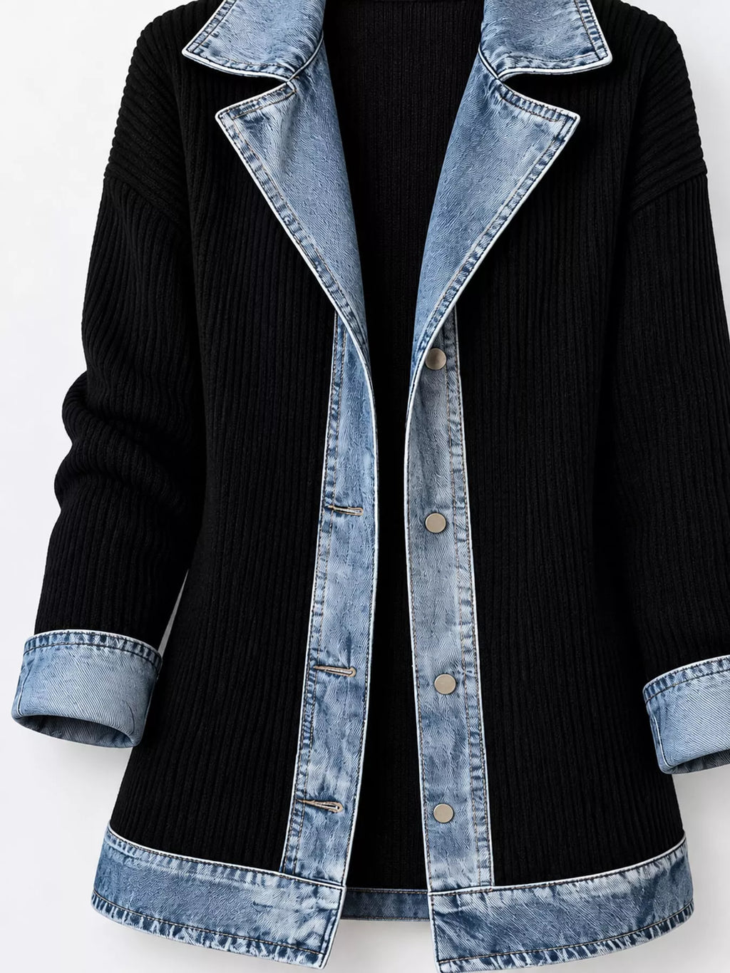 Full Size Denim Trim Ribbed Knit Cardigan Plus Size