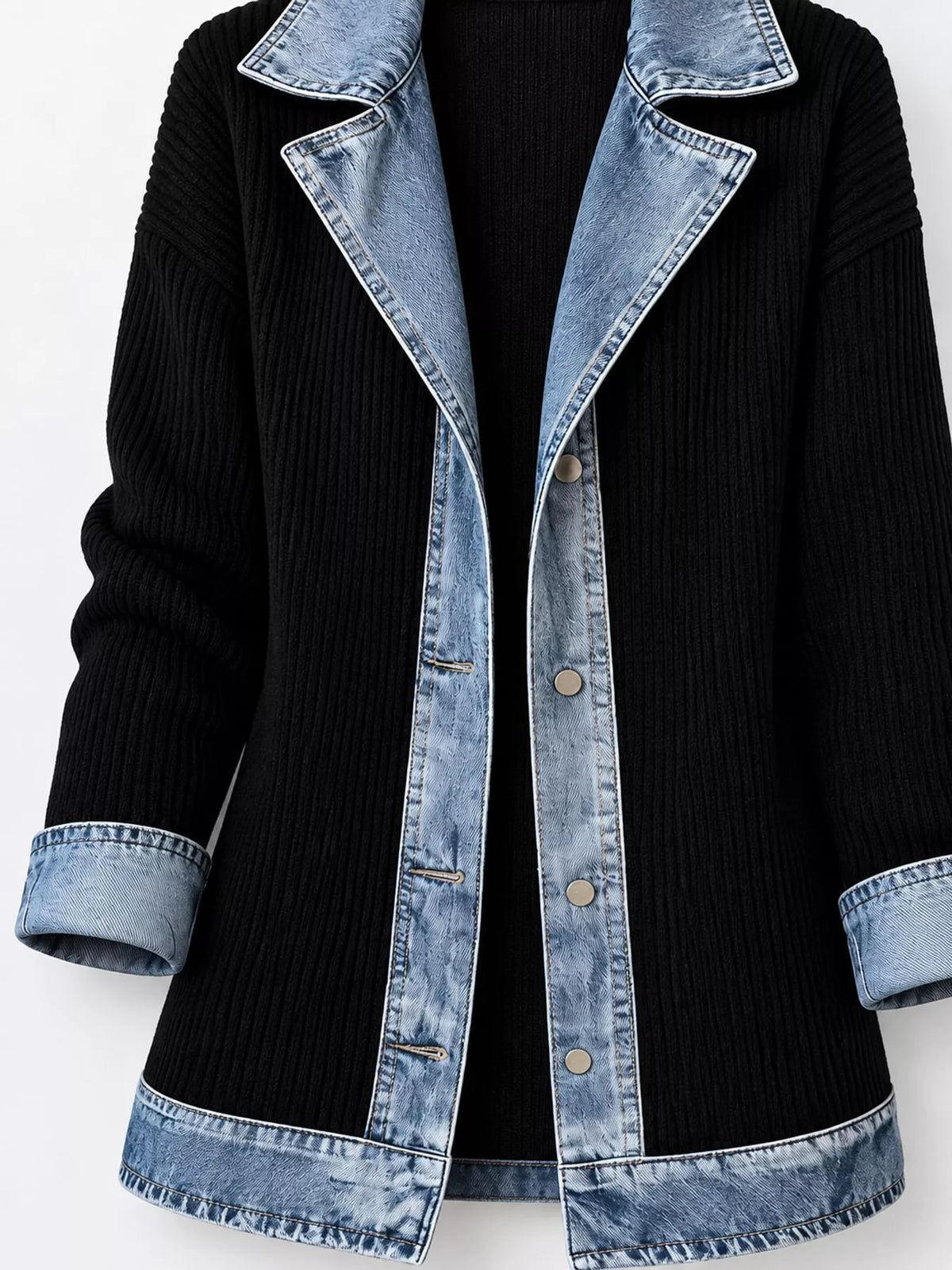 Full Size Denim Trim Ribbed Knit Cardigan Plus Size