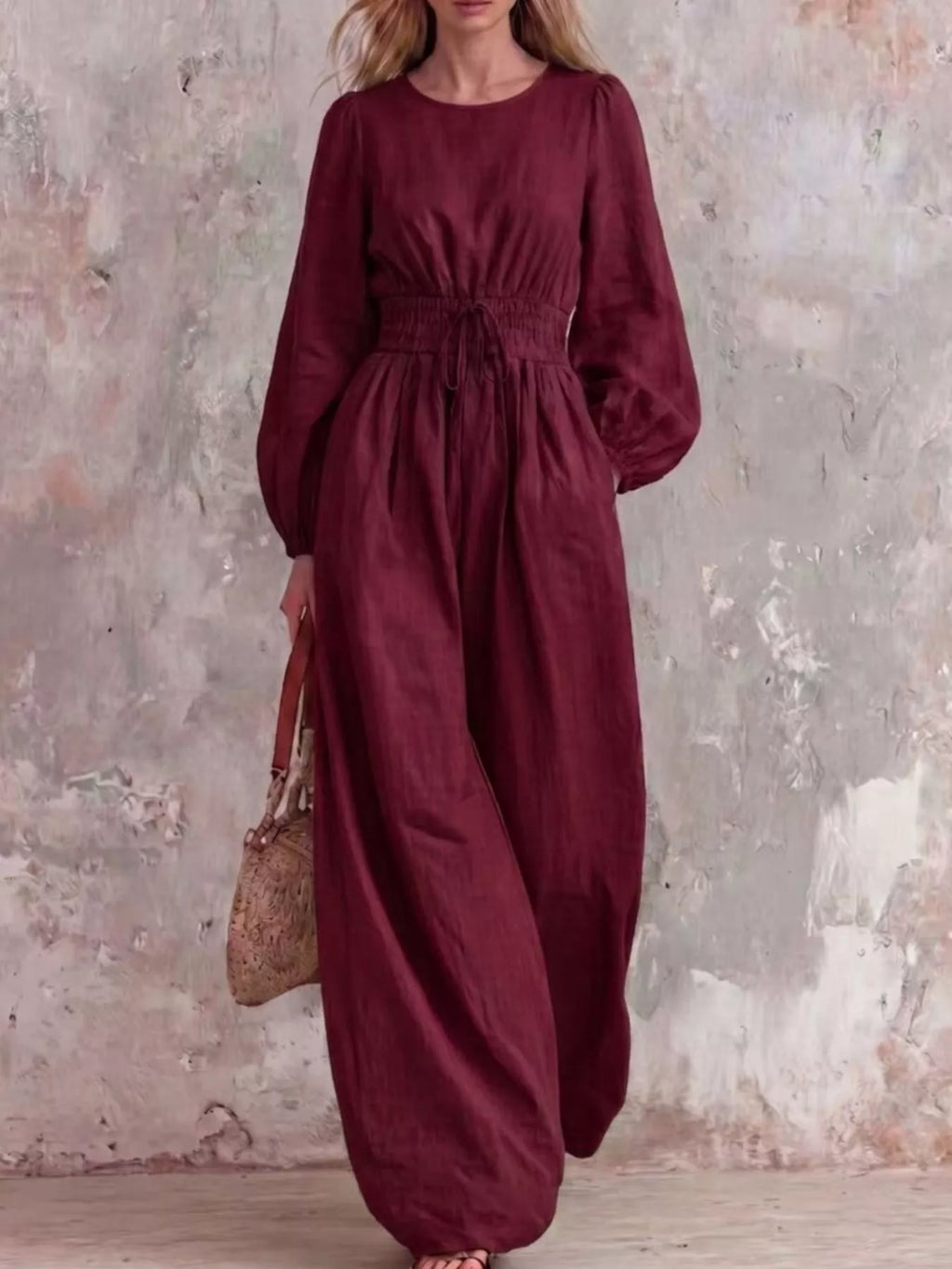 Smocked Waist Long-Sleeve Jumpsuit