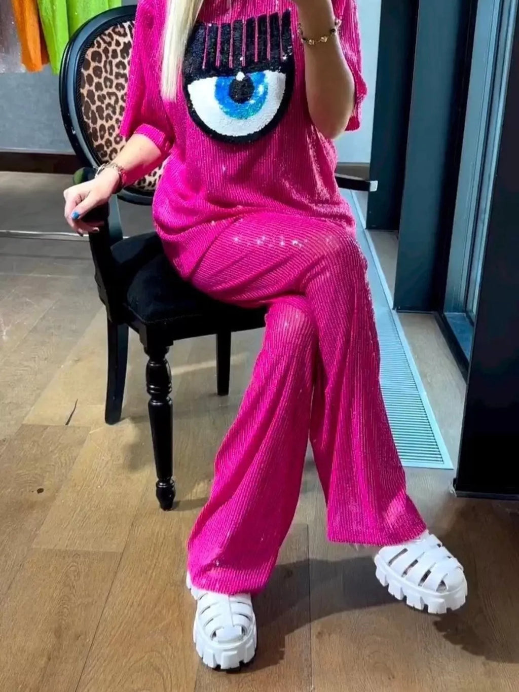 Full Size Eye-Pattern Round Neck Top and Pants Two-Piece Set Plus Size