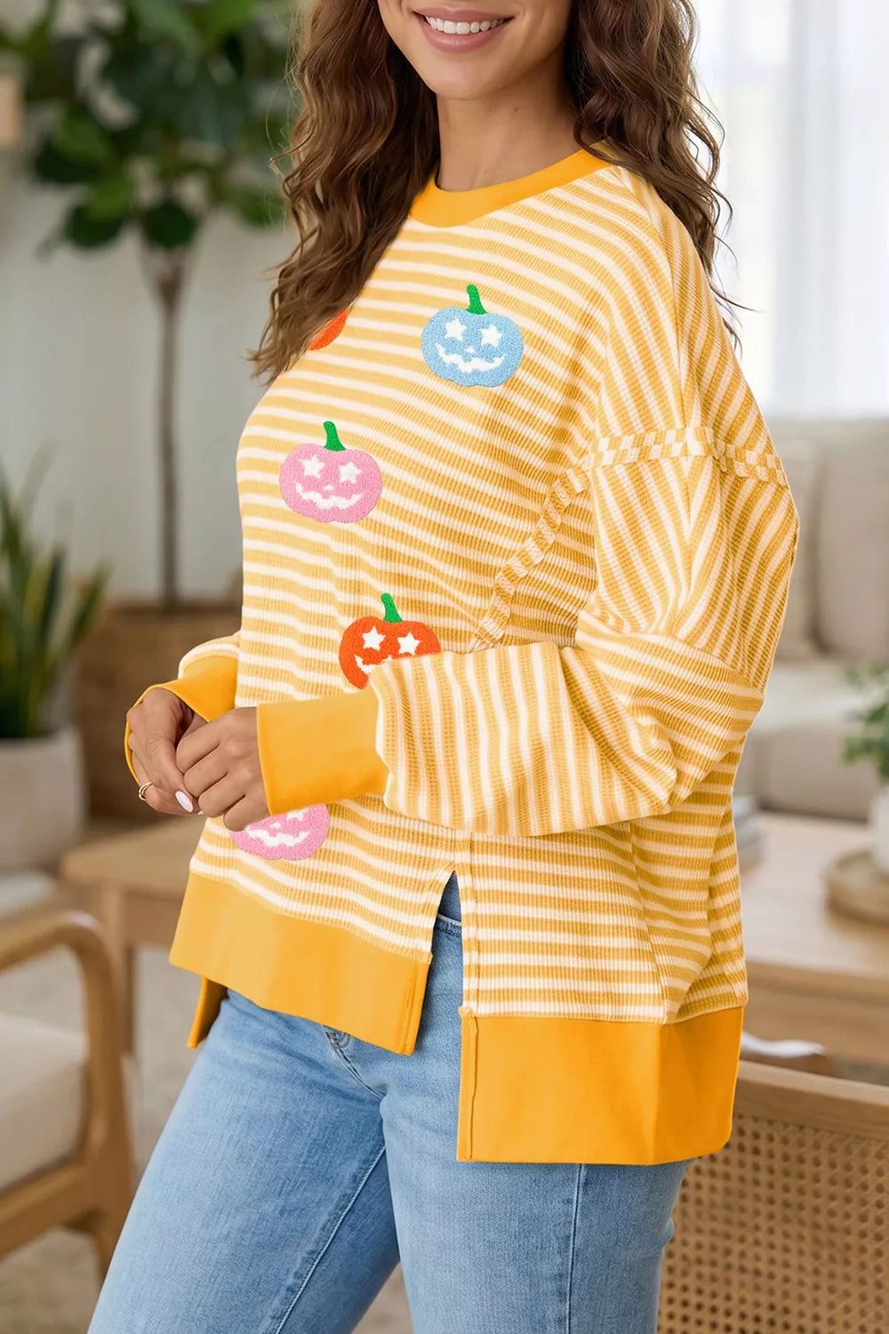 Stripe Halloween Pumpkin Face Waffle Knit Pullover Loose Top with Slits