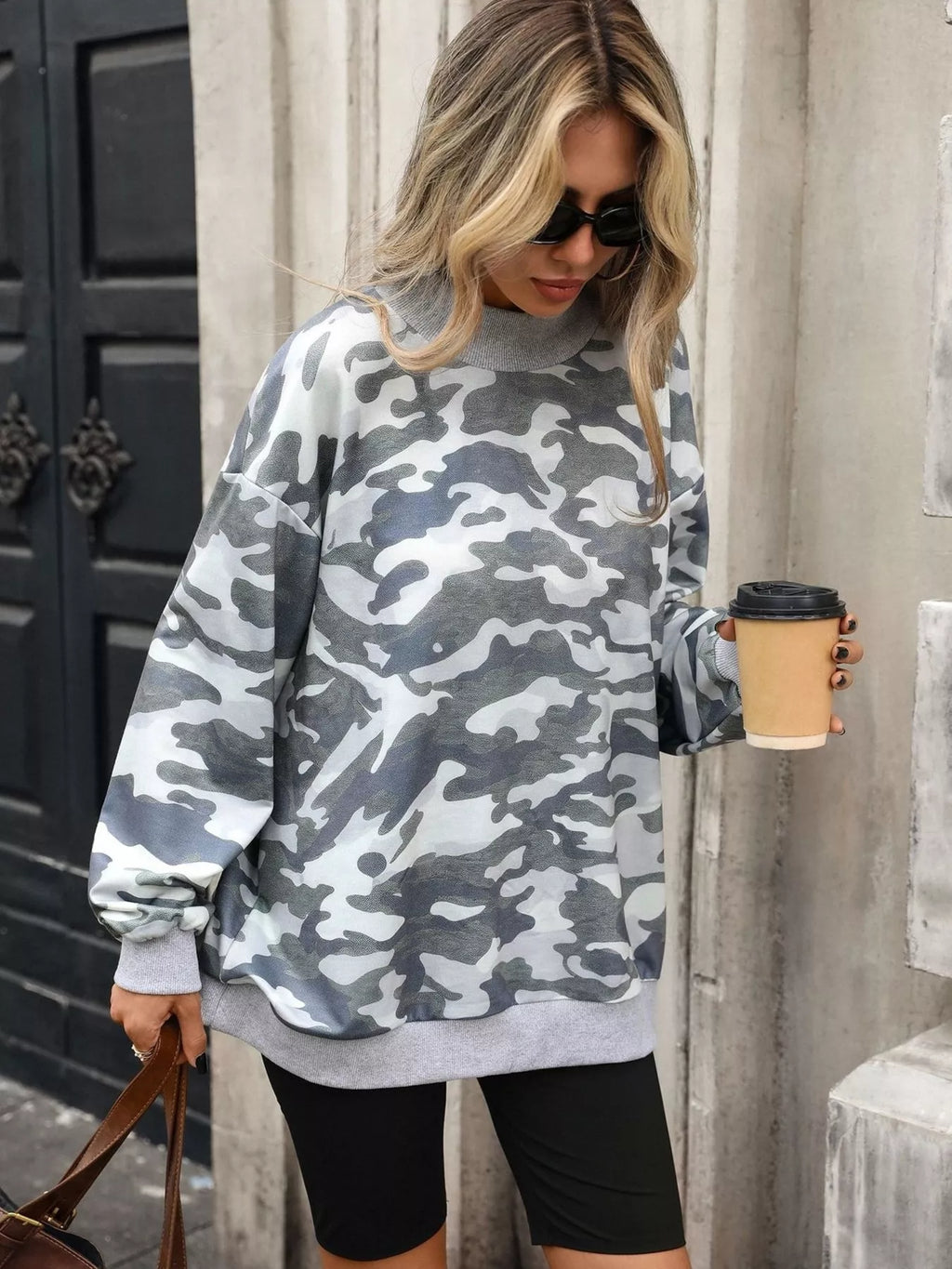 Camouflage Print Mock Neck Sweatshirt