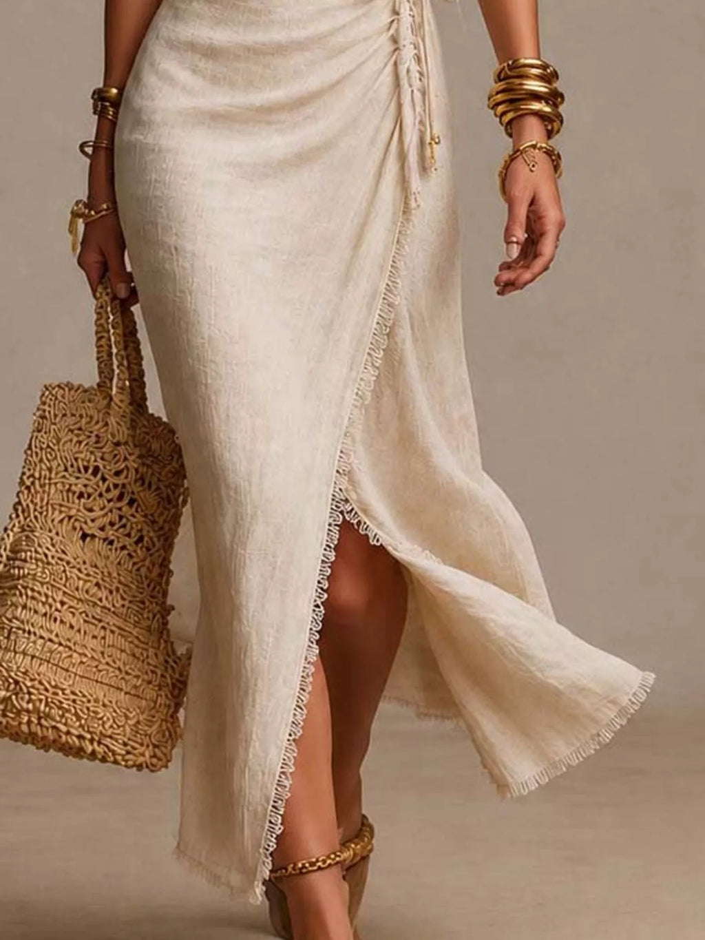 Lace-Trimmed Slit Wrap Midi Dress