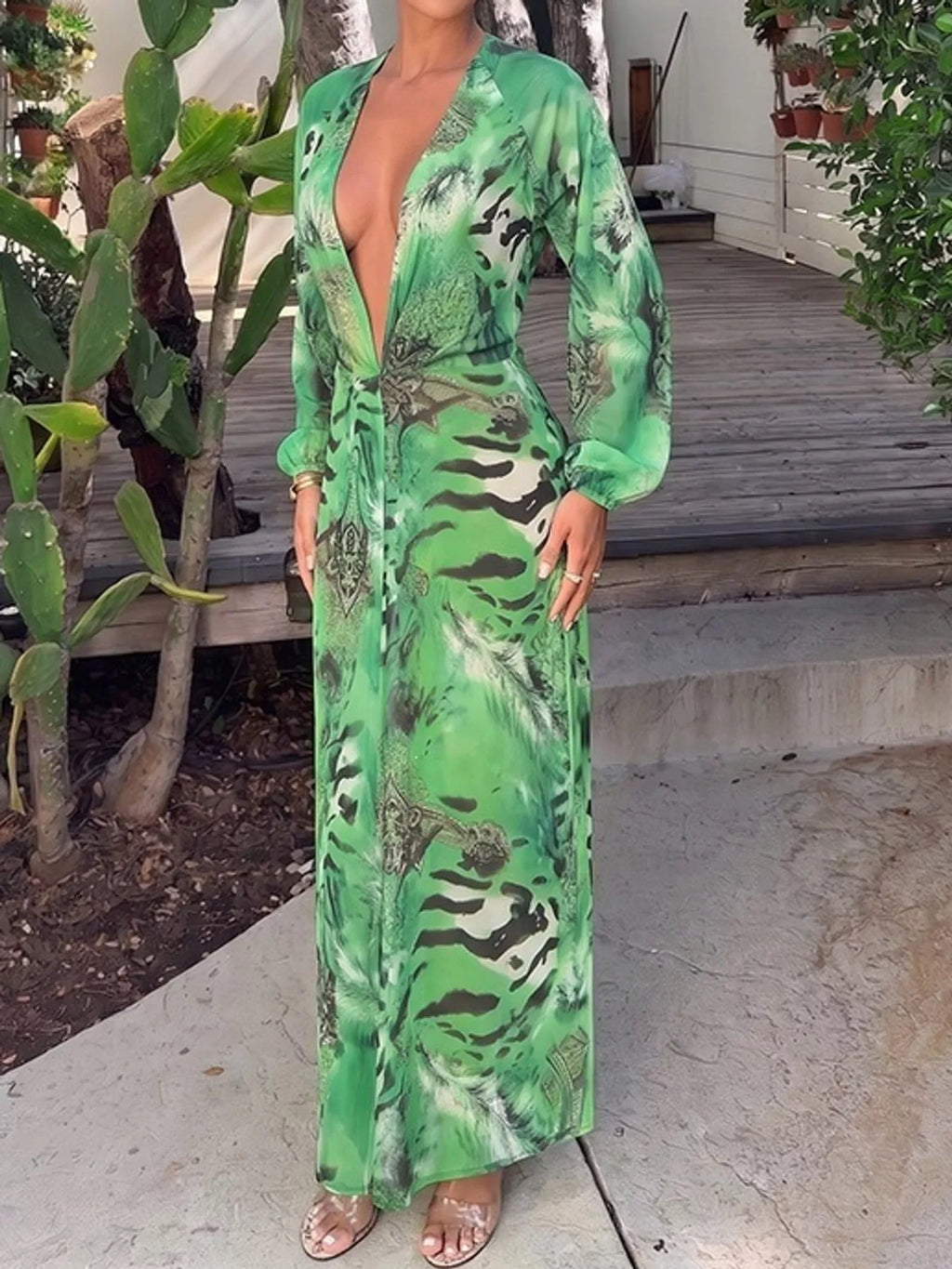 Deep V-Neck Long Sleeve Printed Maxi Dress