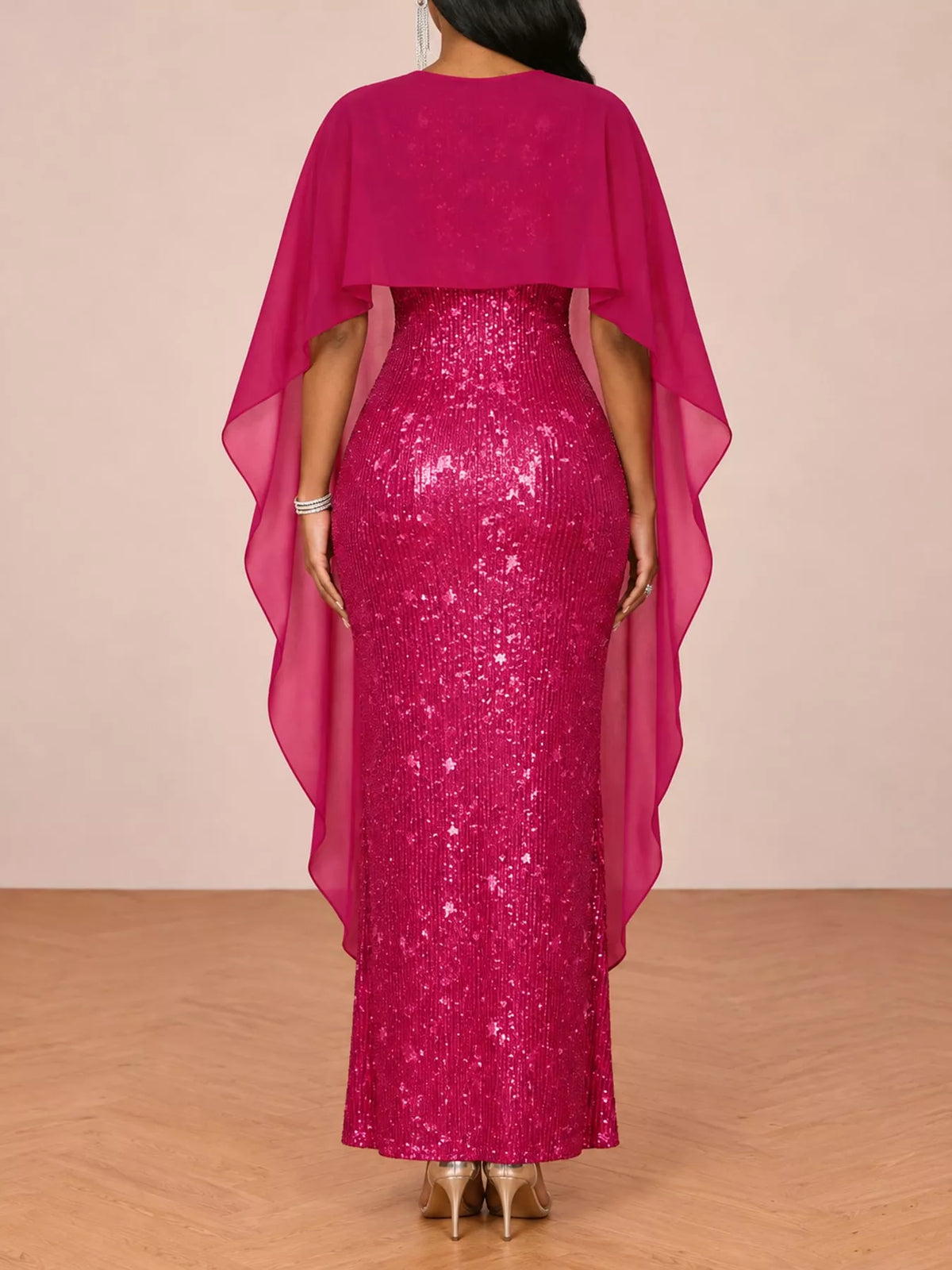 Sequin Cape Overlay Evening Dress
