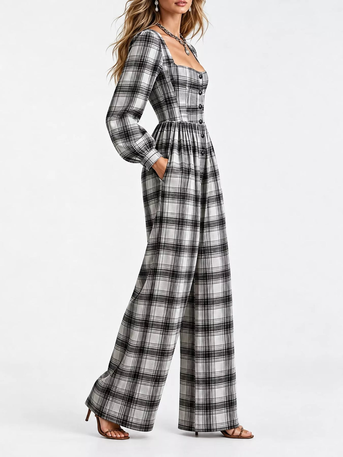 Plaid Square Neck Long Sleeve Wide-Leg Jumpsuit