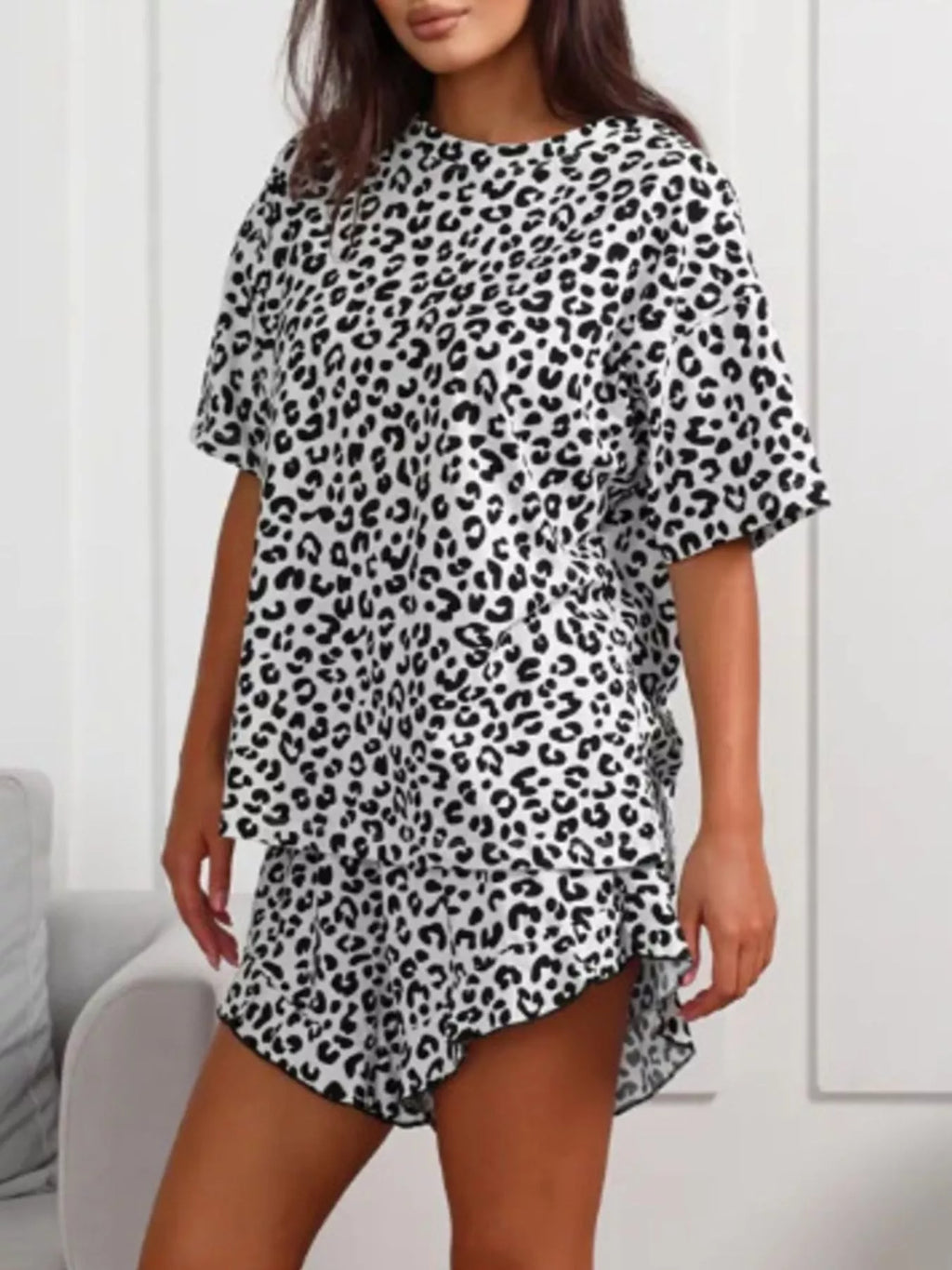 Leopard Print T-Shirt and Ruffle Hem Shorts Lounge Set
