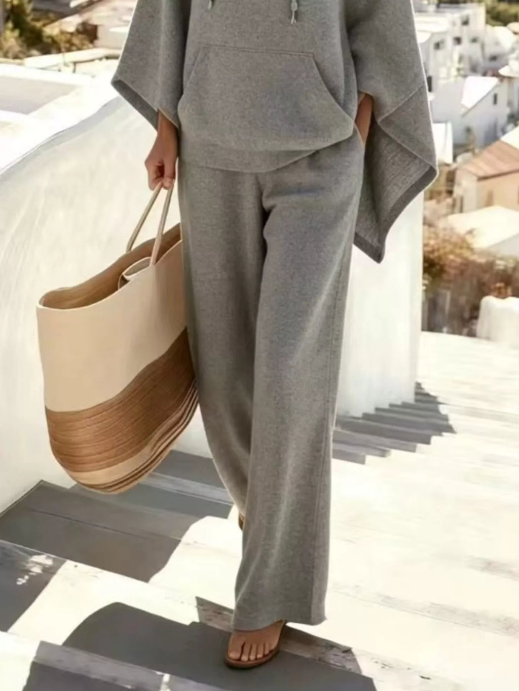 Hooded Poncho and Wide-Leg Pants Set