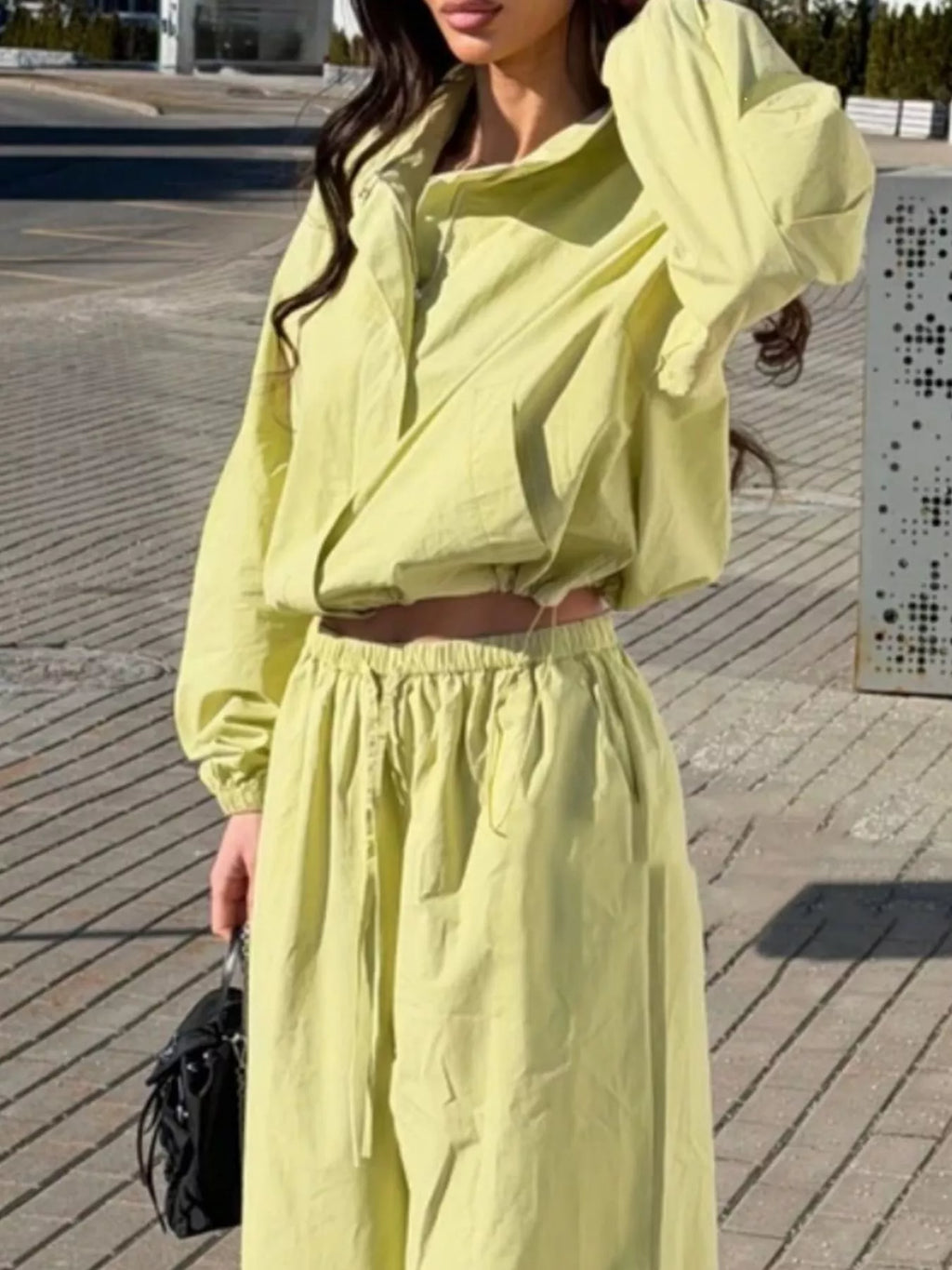 Drawstring Hem Crop Jacket and Wide-Leg Pant Set