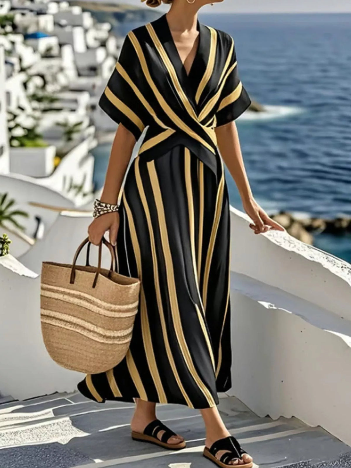 Full Size Striped Surplice Half Sleeve Midi Dress Plus Size