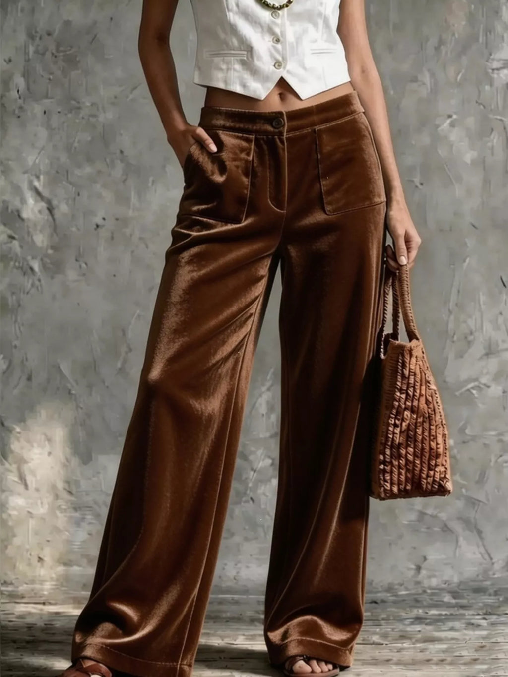 Full Size High-Waisted Wide-Leg Velvet Pants with Front Pockets Plus Size