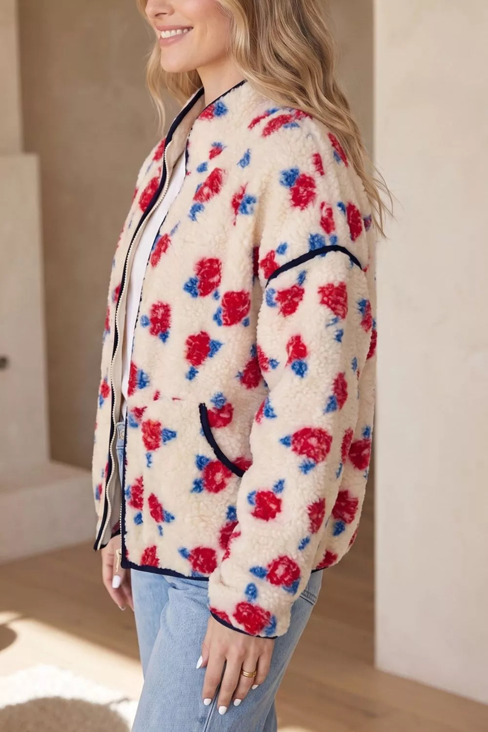 Floral Print Zipper Stand Neck Outerwear Fleece Coat