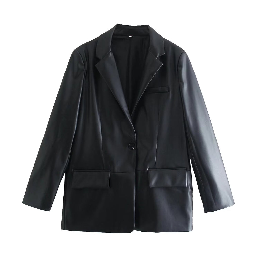 Simple Straight Leather Effect Blazer For Women