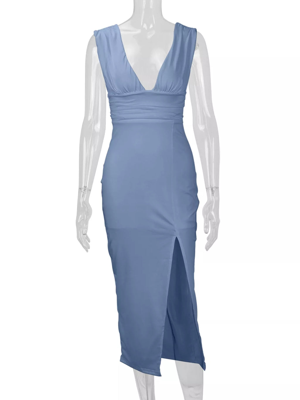 Sleeveless Deep V-Neck Ruched High Slit Bodycon Dress