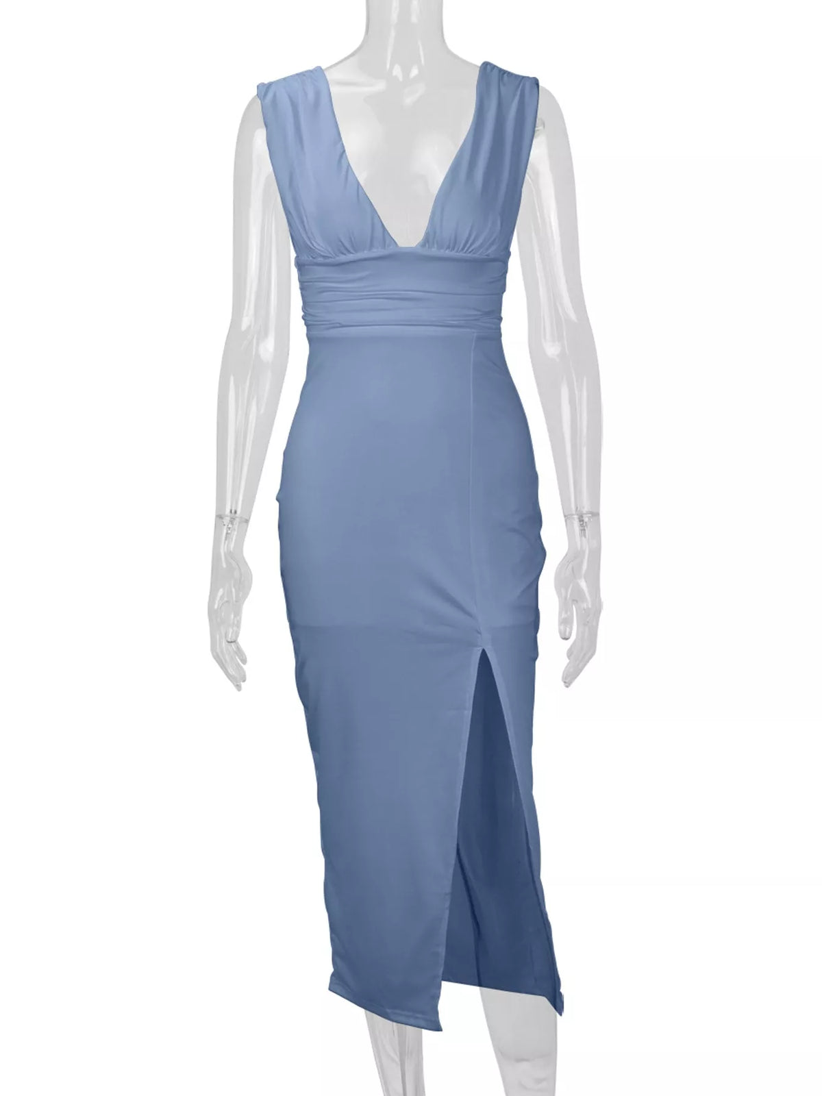 Sleeveless Deep V-Neck Ruched High Slit Bodycon Dress