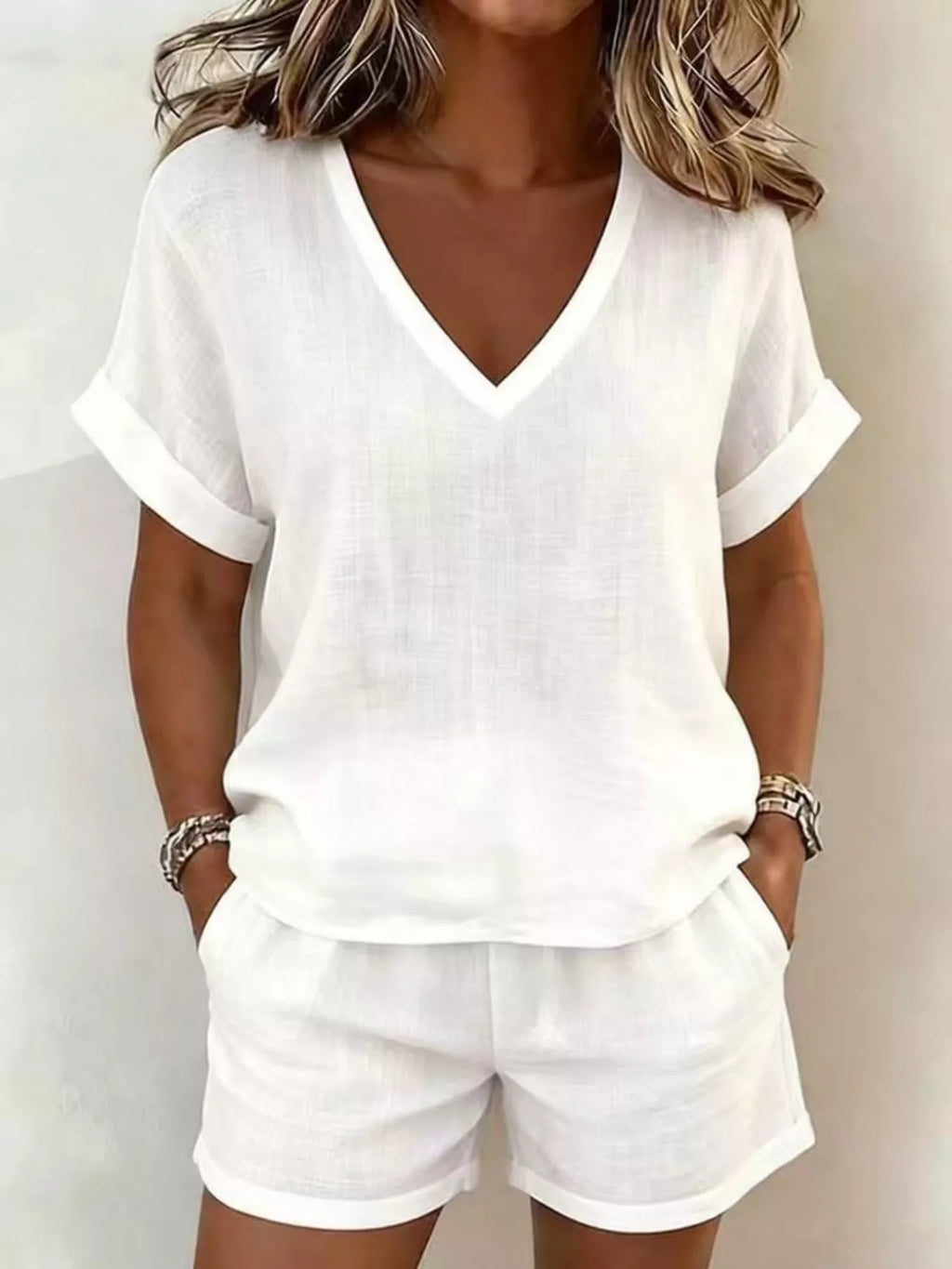 V-Neck Linen Blend Short Sleeve Top and Shorts Set